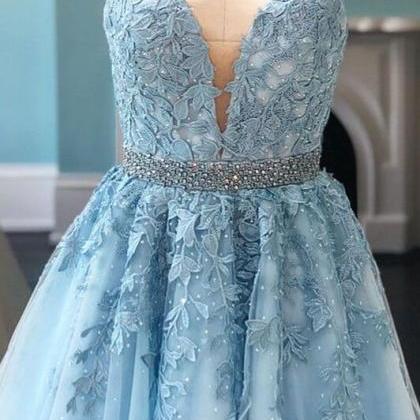 Blue Appliques Beaded Sleeveless A Line Tulle..