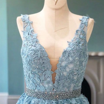 Blue Appliques Beaded Sleeveless A Line Tulle..