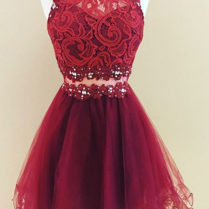 A-line Jewel Short Burgundy Tulle Homecoming Dress..