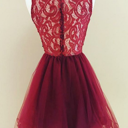 A-line Jewel Short Burgundy Tulle Homecoming Dress..