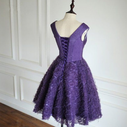 Purple V-neck Tulle Homecoming Dres..