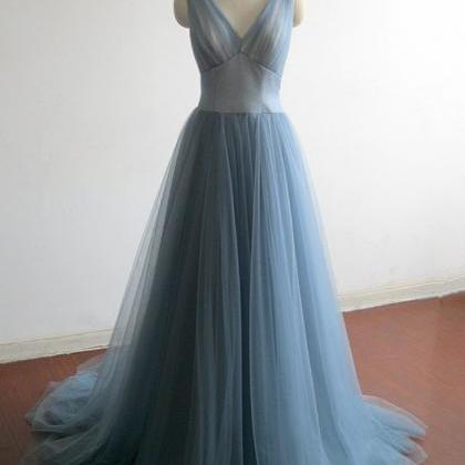 Elegant Grey Blue Tulle Long Prom D..