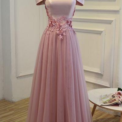 Pink Off-shoulder Tulle Prom Dress With Floral..