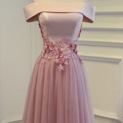 Pink Off-shoulder Tulle Prom Dress With Floral..