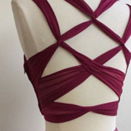 Two Pieces Burgundy Sweetheart Chiffon Prom..