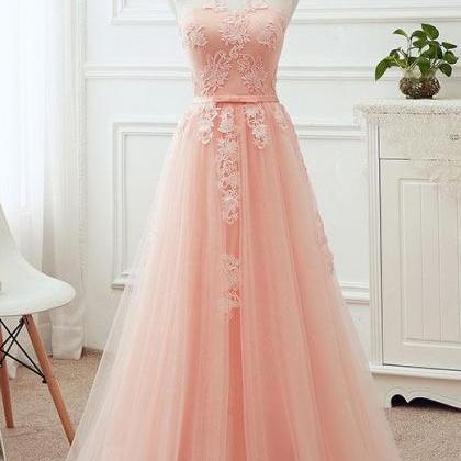 Simple Pink Sleeveless Prom Dress,applique Round..
