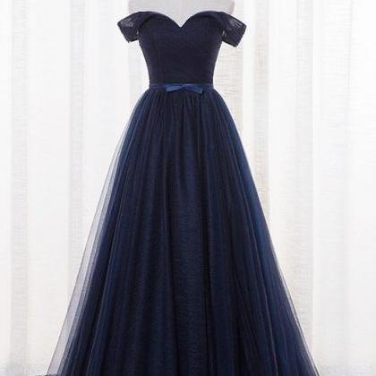 Simple Dark Navy Tulle Prom Dress,L..