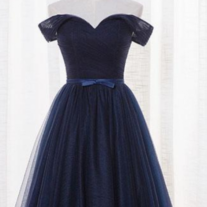 Simple Dark Navy Tulle Prom Dress,L..