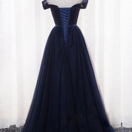 Simple Dark Navy Tulle Prom Dress,L..