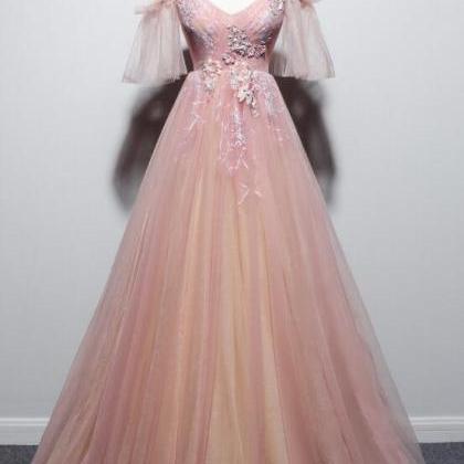 Sweet Pink Straps V-neckline Tulle Dress,floral..