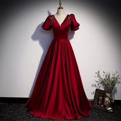 Red evening dress ,v-neck party dre..