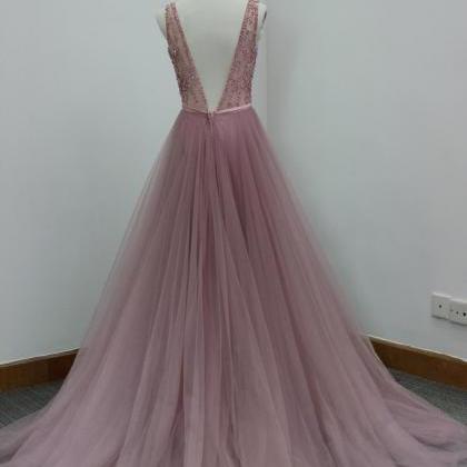 A Line Tulle Prom Dress, Modest Bea..