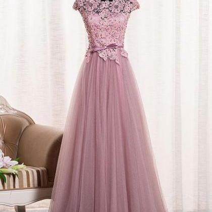 Round Neck Tulle Lace Appliques Formal Prom Dress,..