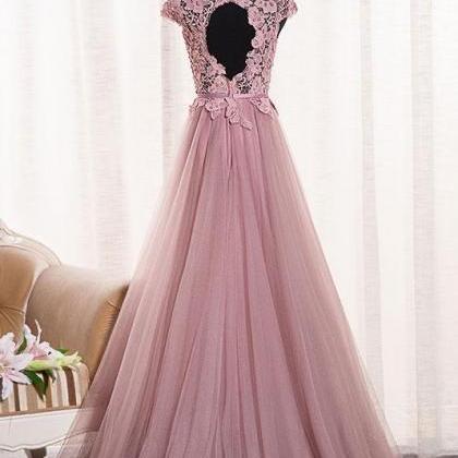 Round Neck Tulle Lace Appliques Formal Prom Dress,..