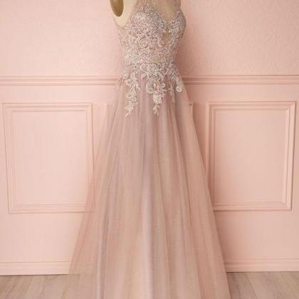 Elegant Backless Tulle Applique Formal Prom Dress,..