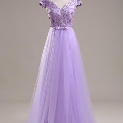 Elegant A-line V-neck Tulle Formal Prom Dress,..