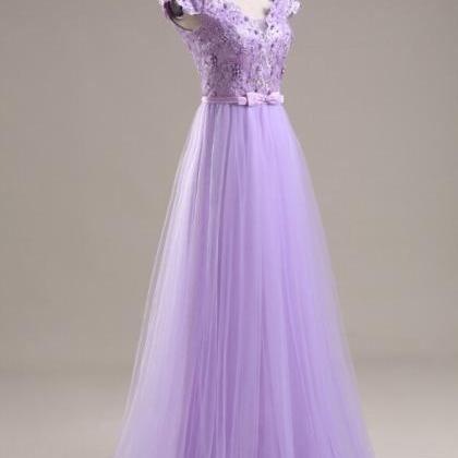 Elegant A-line V-neck Tulle Formal Prom Dress,..