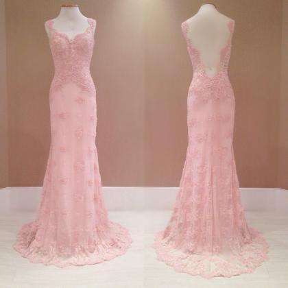 Elegant Sheer Back Lace Formal Prom Dress,..