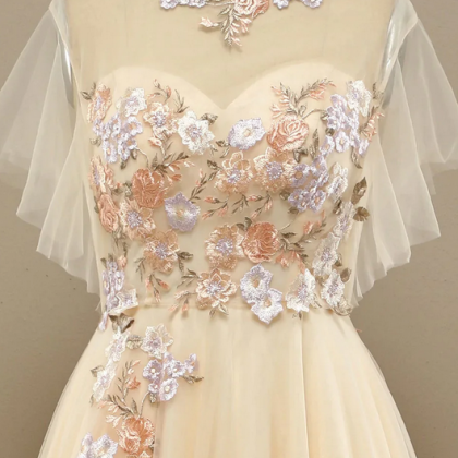 Elegant A Line Applique Tulle Formal Prom Dress,..