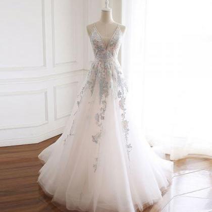Elegant V Neck Tulle Lace Tulle Formal Prom Dress,..