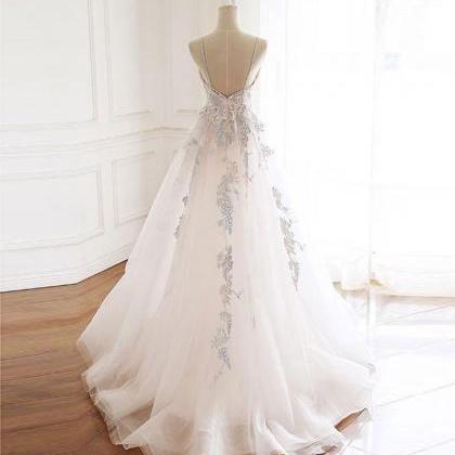 Elegant V Neck Tulle Lace Tulle Formal Prom Dress,..