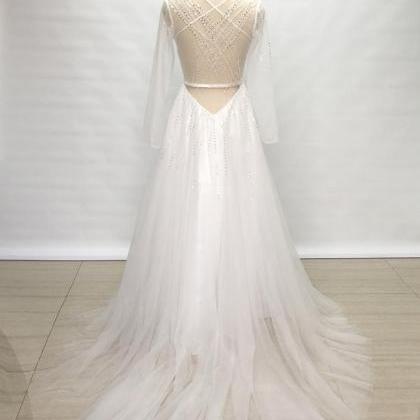 Elegant Sweetheart Beaded V-neck Tulle Prom Dress,..