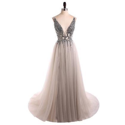 Elegant Tulle V-neckline Beaded Formal Prom Dress,..