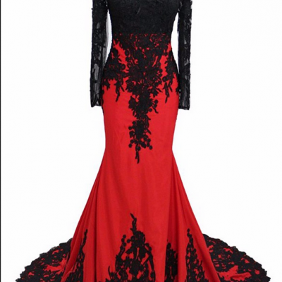 Robe Longue Femme Soiree Sheer Neck Black and Red Mermaid Evening Dresses