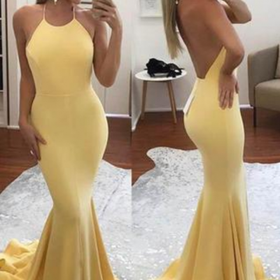 Fashion Halter Yellow Mermaid Sexy Backless Long Prom Dresses,Formal Evening Dresse