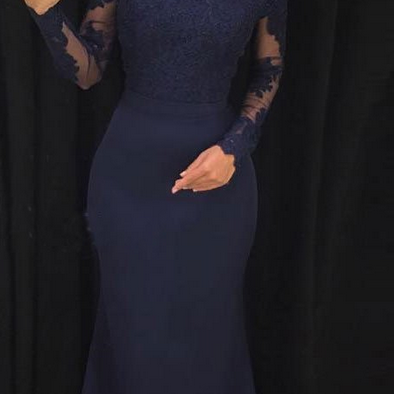 Off the Shoulder Navy Mermaid Prom Dresses with Long Sleeves,Sweep Train Lace Prom Dress