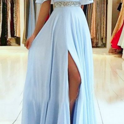 A-Line Off the Shoulder Split Front Blue Chiffon Prom Dress with Beading Belt
