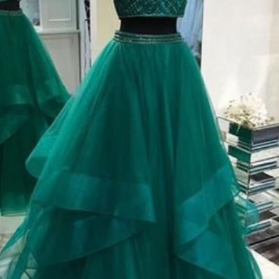  Sexy prom dress Two Pieces evening dress Emerald Green party dress Open Back Evening Prom Dresses, Cheap Custom Sweet 16 Dresses,