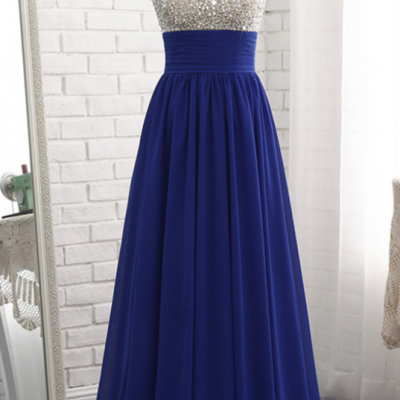 Royal Blue Chiffon Sequined Long A Line Prom Dress, Bridesmaid Dress