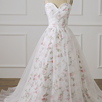 White Floral Tulle Sweetheart Neck Long Formal Prom Dress, Evening Dress