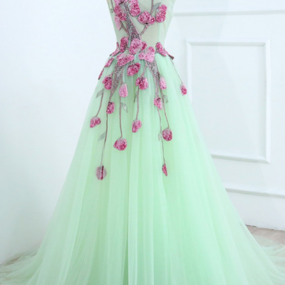 Light Green Tulle Long Embroidery Evening Dress, Open Back Prom Dress