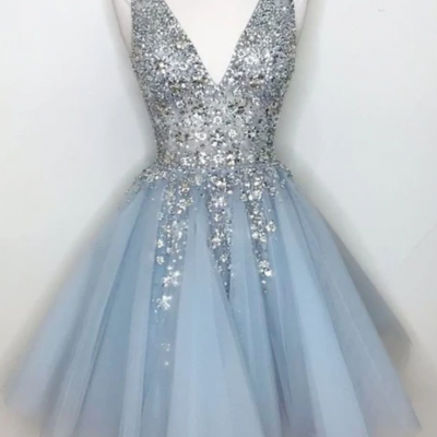 Fashion Lux blue fashion dresses sleeveless midi dress v-neck tulle party dresses beaded mini homecoming dress