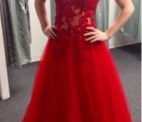 Two Piece Jewel Red Tulle Prom Dress with Appliques Flowers LBQ3294