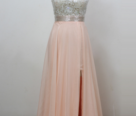 A-line V Neck Chiffon Long Prom Formal Graduation Dresses with Slit main image 0