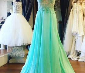 Illusion Neck Chiffon Full Length Dresses Mint Green main image 1