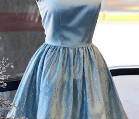 Cute A Line Keyhole Light Blue Satin Homecoming Dress with Beading VK061408