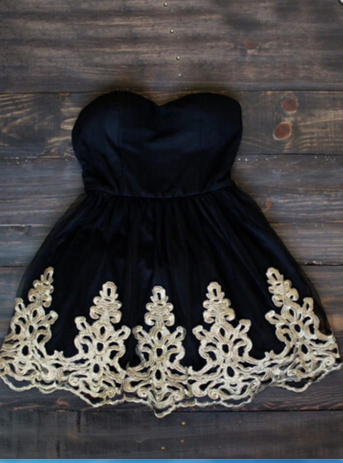 Strapless Black Homecoming Dress,gold Embroidery Homecoming Dress, Homecoming Dresses