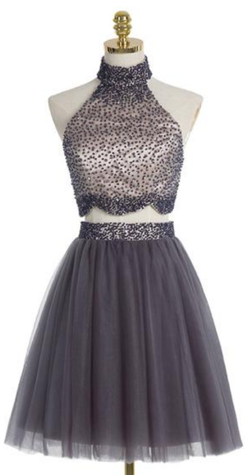 High Neck Beading Homecoming Dresses, Two Pieces Homecoming Dresses, Tulle Homecoming Dresses, Sexy Homecoming Dresses, Charming Homecoming