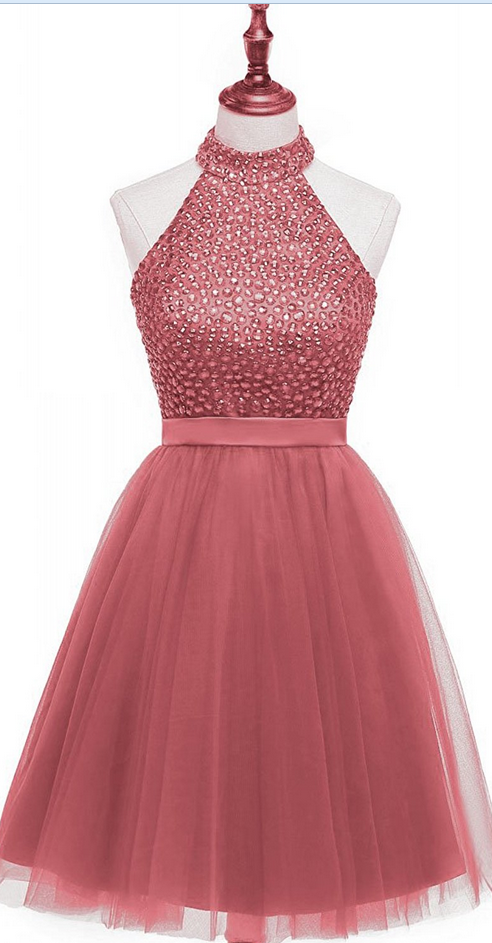 Blush Pink High Neck Beaded Tulle Short Homecoming Dress, Bridesmaid Dress With Keyhole Back