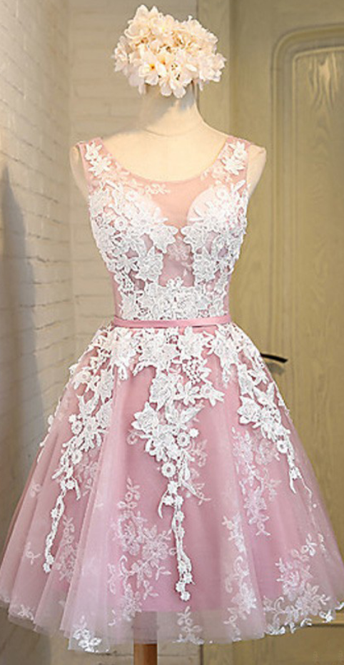 Pink Homecoming Dresses With White Lace, Round Neck Homecoming Dresses, Organza Homecoming Dresses, Lace Up Homecoming Dresses, Homecoming