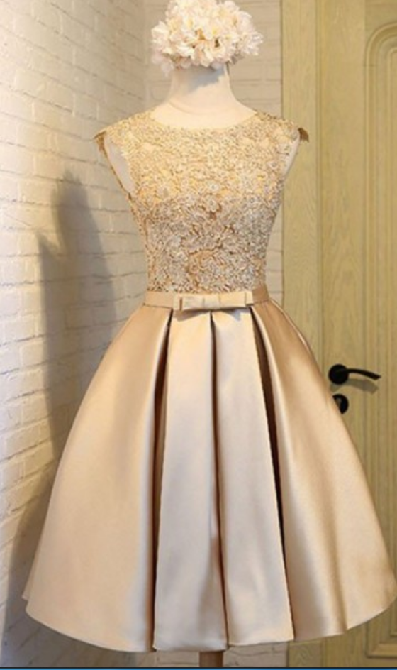 Champagne Round Neck Lace Homecoming Dress, Short Prom Dresses