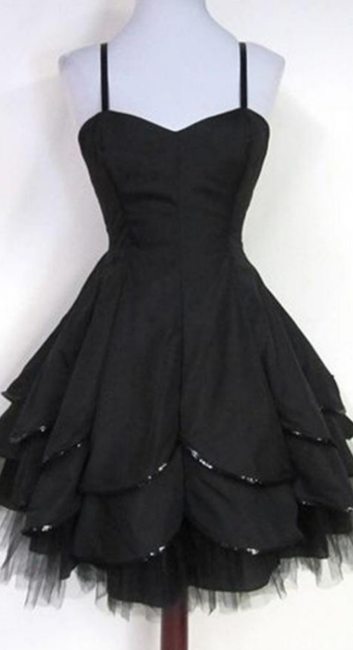 Spaghetti Straps Black Tulle Formal Sparkly Homecoming Dresses