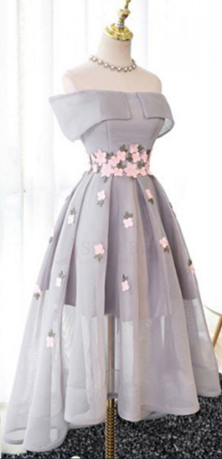A-line Homecoming Dresses,off Shoulder Homecoming Dresses,pink Flowers  Homecoming Dresses,light Grey Homecoming Dresses,short Prom Dresses,party