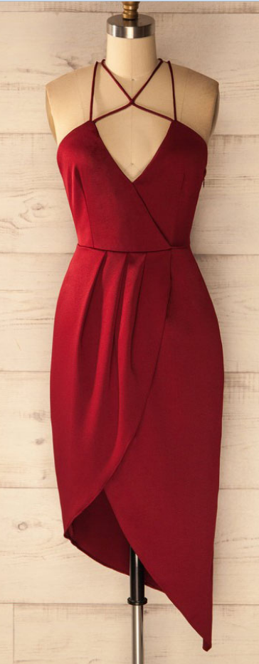 Sheath V-neck Sleeveless Criss Cross Burgundy Satin Asymmetrical Homecoming Dress
