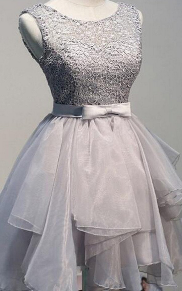 Grey Organza Unique Sleeveless Lace Homecoming Prom Dresses