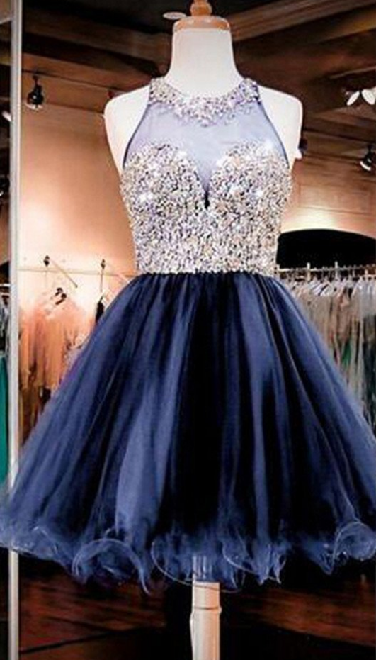Gorgeous Navy Blue Rhinestone Beaded Organza Homecoming Dresses